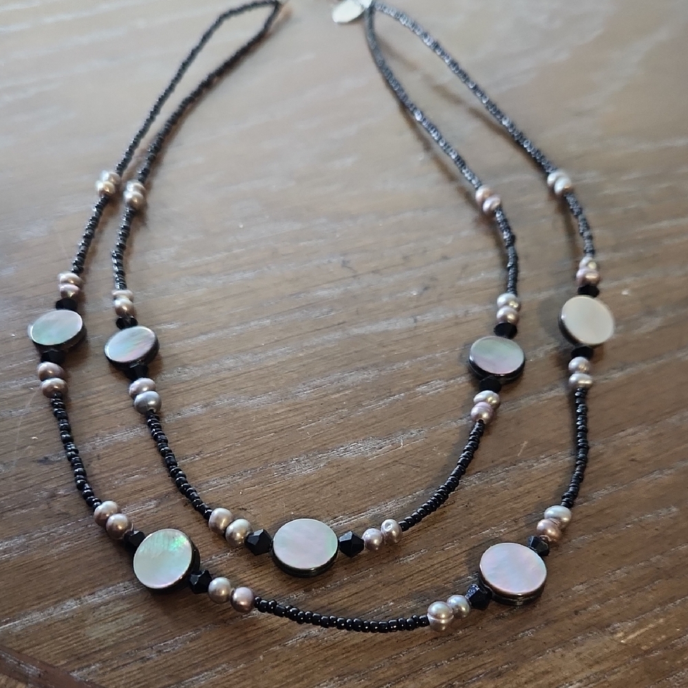 Lia Sophia Mother of Pearl and Black Glass Beaded Necklace